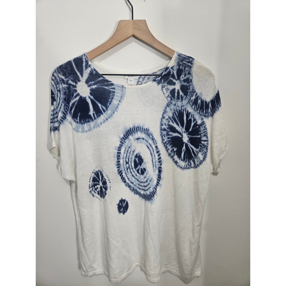 Purejill Linen Blend Shibori Tie Dye Knit Top White Blue Short Sleeve Small